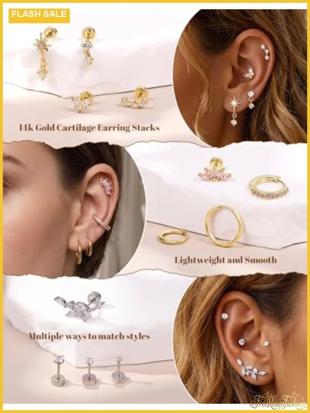 12PCS 20G 14k Gold Cartilage Earring Stacks for Women Flat Back Stud Set